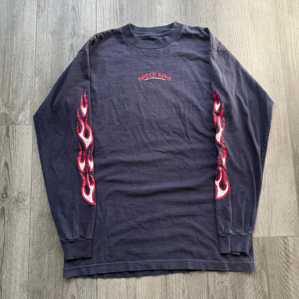 90s Crazy Speed King High Performance Mens S Navy Long Sleeve Flame Tee